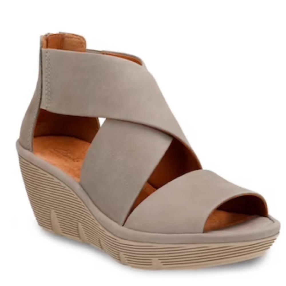 Clarks Taupe Crisscross Wedge Sandal